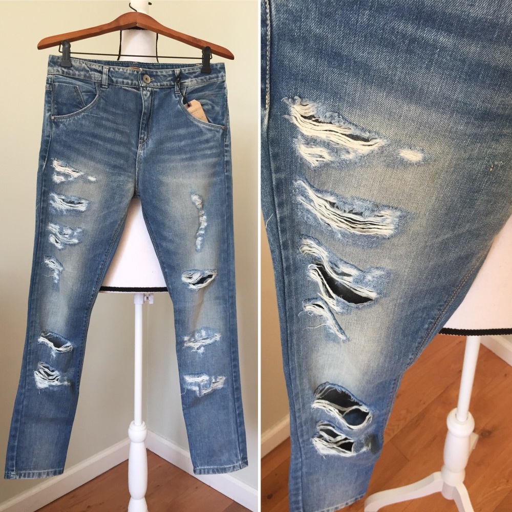 Boutique Destroyed High Rise Straight Leg Jeans